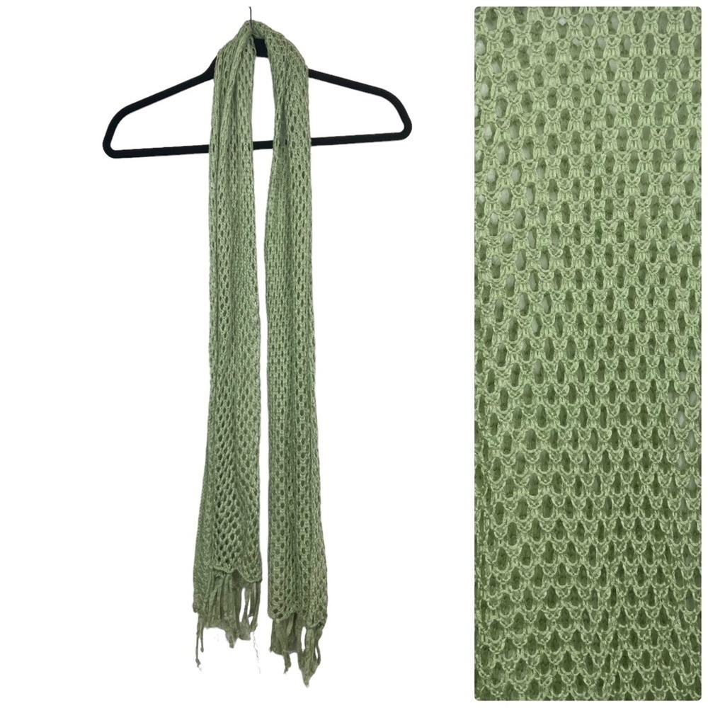 Green Open Knit Fringe Scarf